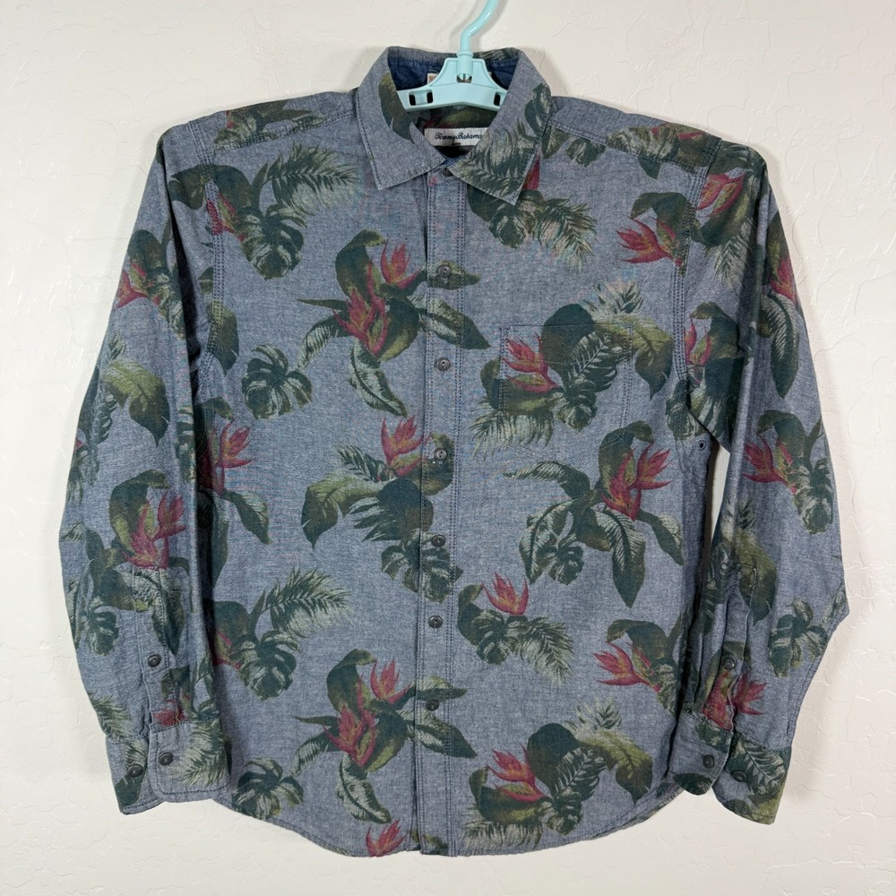 Tommy Bahama‎ Shirt Mens Small Blue Button Up Long Sleeve Chambray Floral Cotton